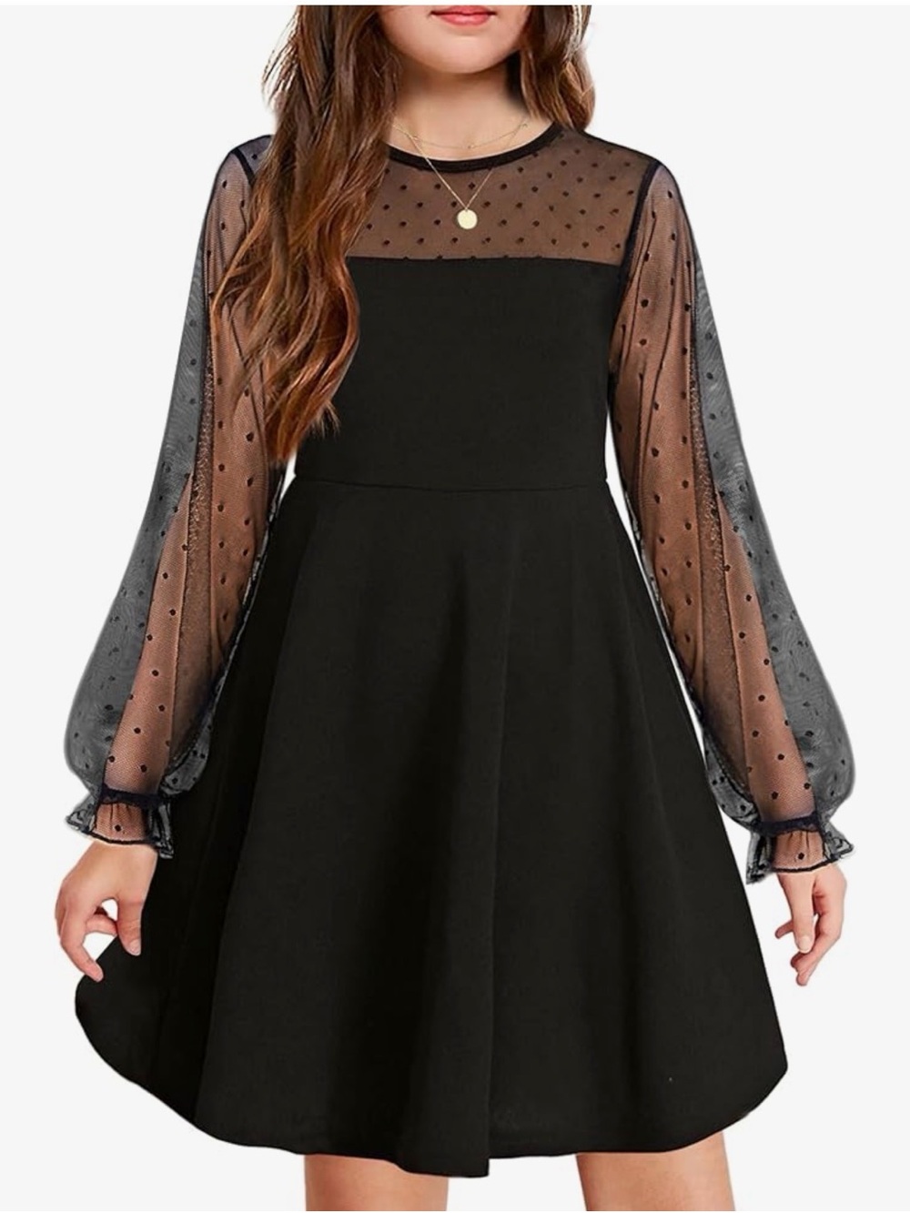 NWT Elegant Black Polka-Dot Mesh Sleeve Girls' Party Dress, 14-16 yrs old